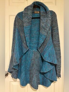 Open-Front Teal & Gray Knit Draped Cardigan Sweater